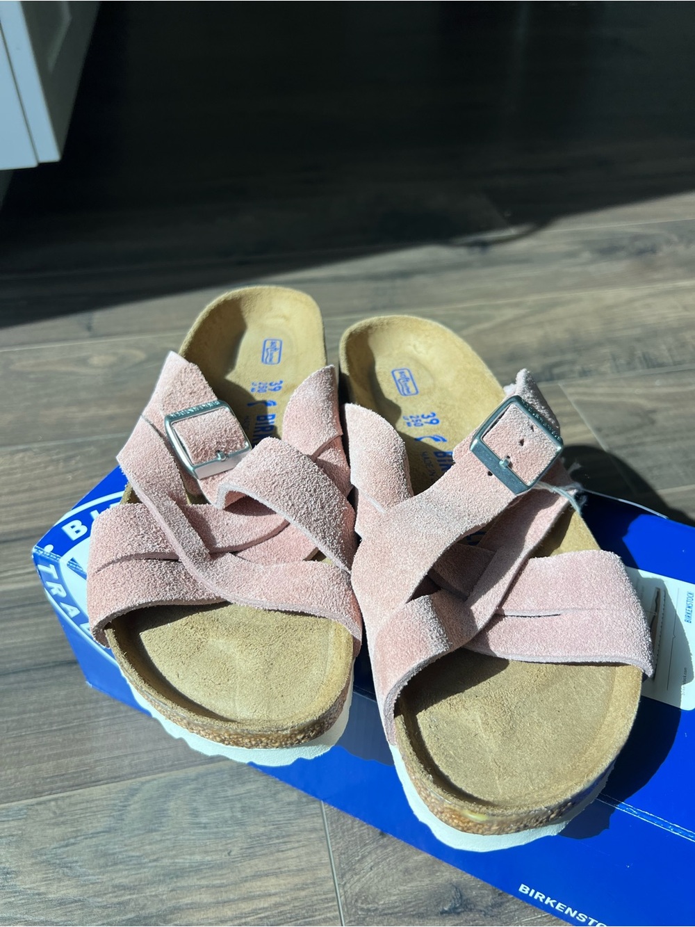 Birkenstock Lugano Pink Suede Cross-Strap Slide Sandals - Picture 6 of 6